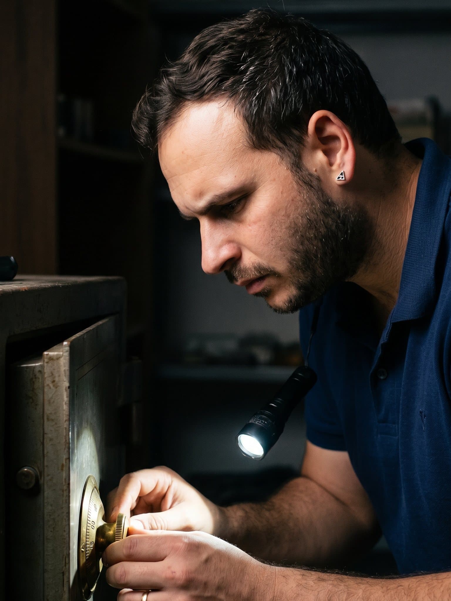 Amit Mager at a safe, working the dial by flashlight