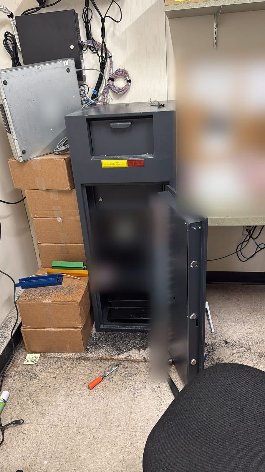 A depository safe opened at a business